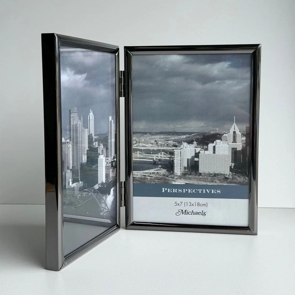 Michaels Perspectives Double Picture Frame 5x7 Gun Metal‎ Grey Hinge Folding